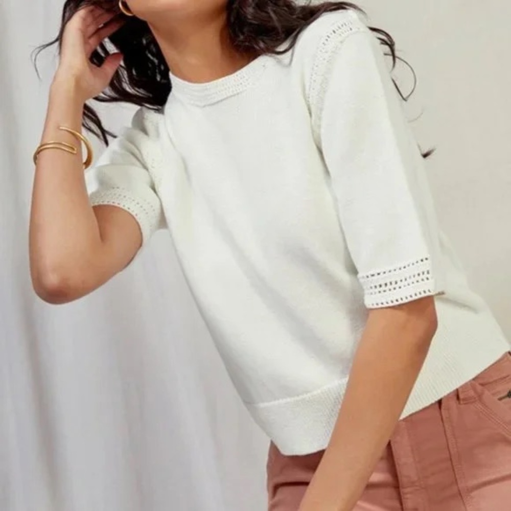 NWT JOIE Feona Short Sleeve Cotton Sweater In Porcelain Size Small